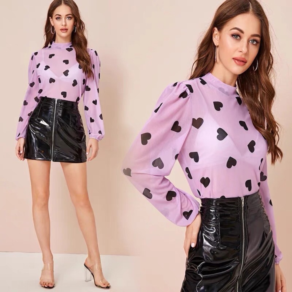 Heart Print Sheer Blouse (Without Bra)
